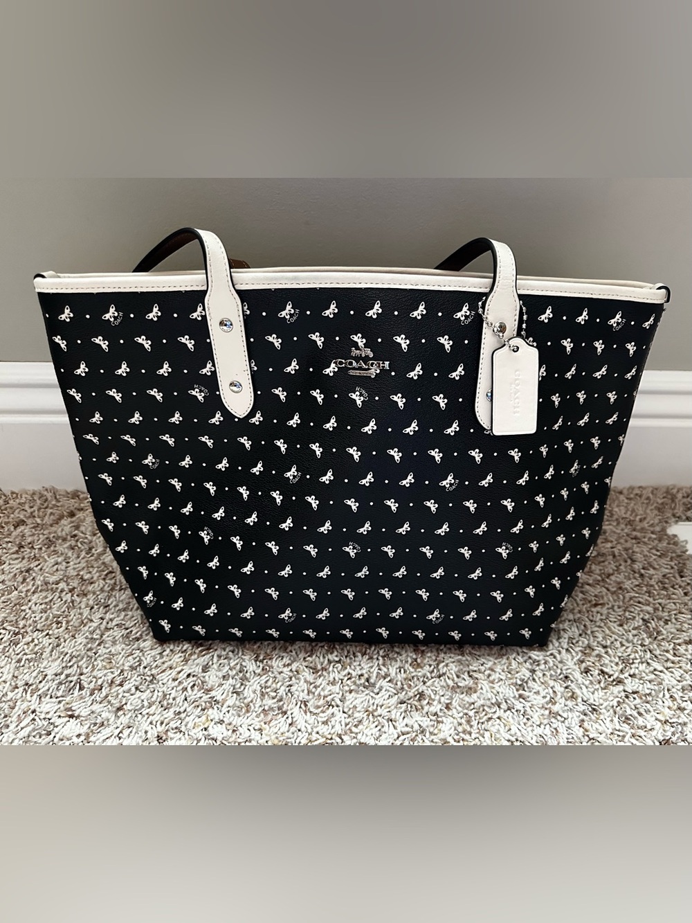 Coach Black Tote with White Trim and  Butterfly Pattern